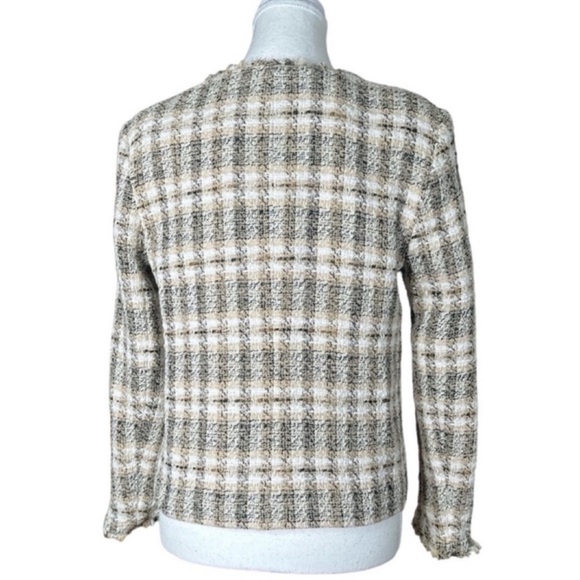 ZARA Tweed Blazer, Vegan Leather Pocket Flaps, Fringe Trim, Size M. - Picture 3 of 15